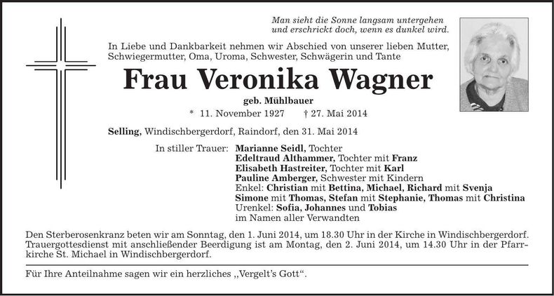 Traueranzeige Veronika Wagner