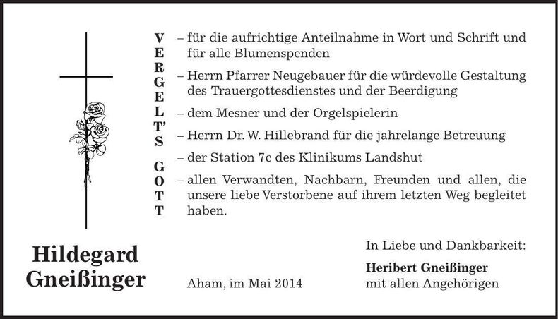 Traueranzeige Hildegard Gneißinger