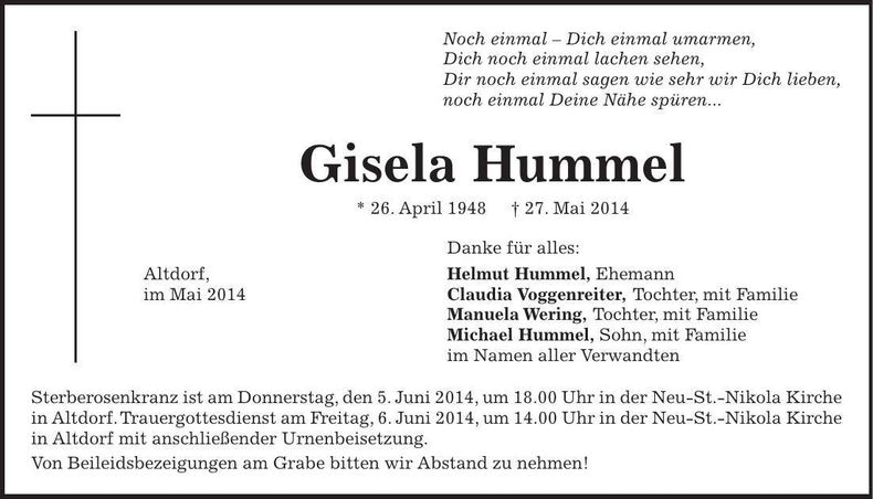 Traueranzeige Gisela Hummel