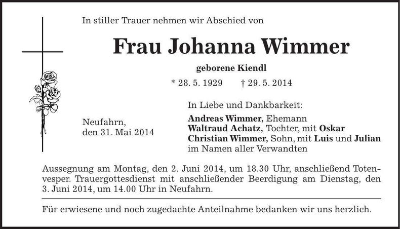 Traueranzeige Johanna Wimmer