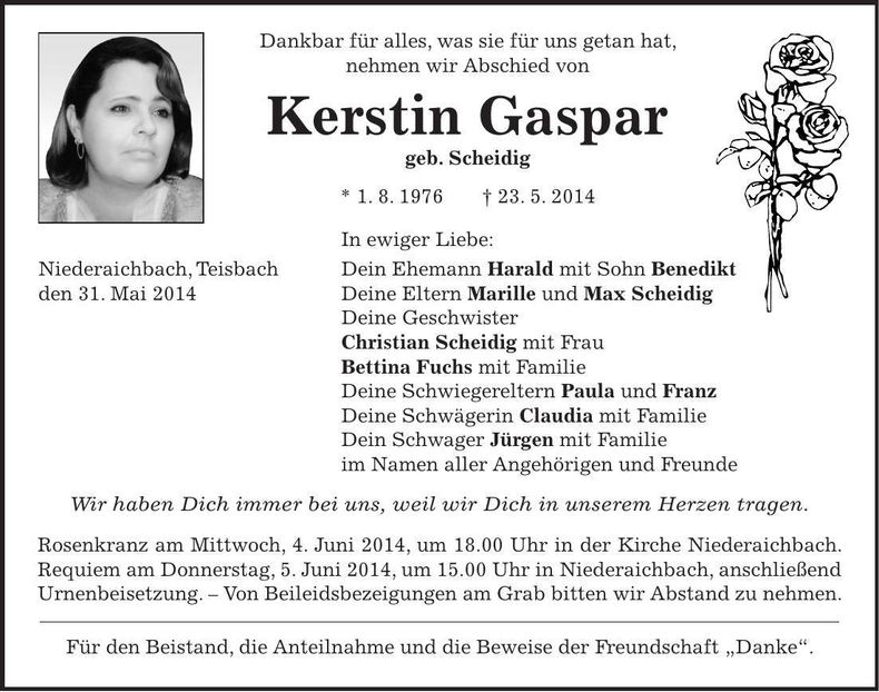 Traueranzeige Kerstin Gaspar