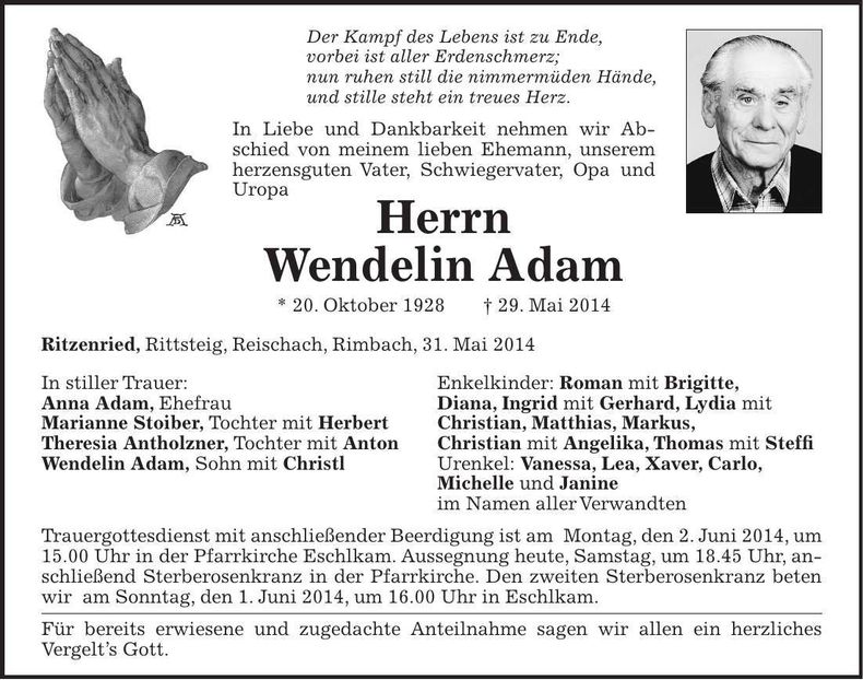 Traueranzeige Wendelin Adam