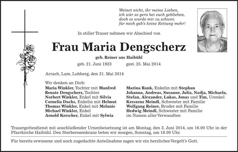 Traueranzeige Maria Dengscherz