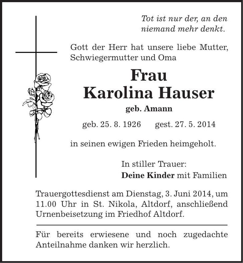 Traueranzeige Karolina Hauser