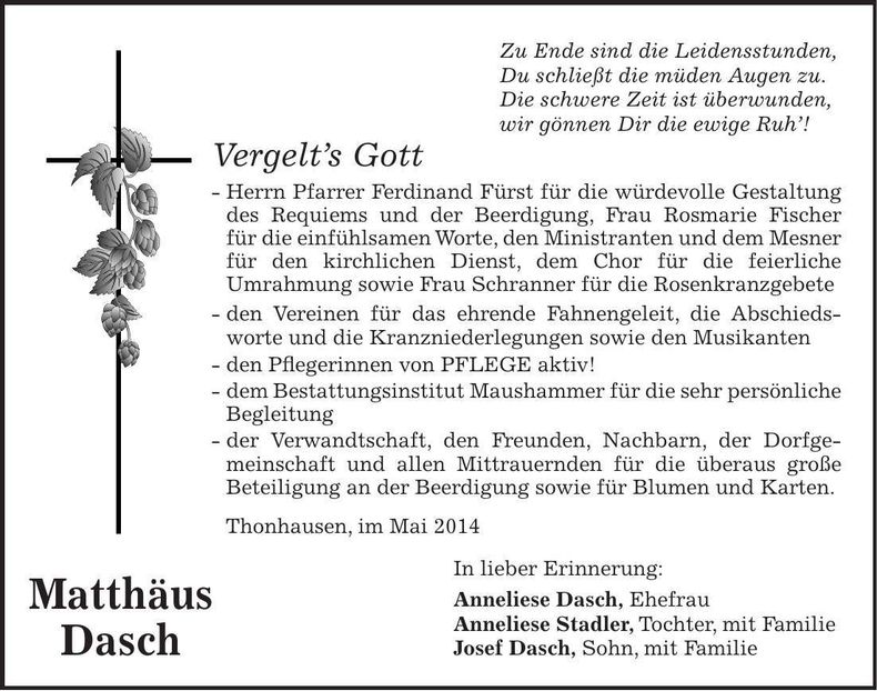 Traueranzeige Matthäus Dasch