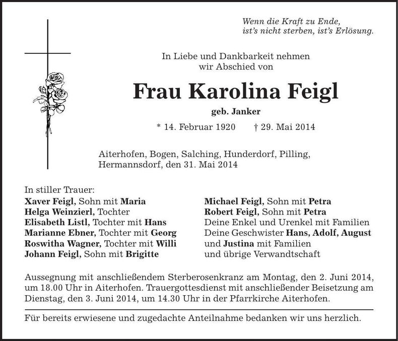 Traueranzeige Karolina Feigl