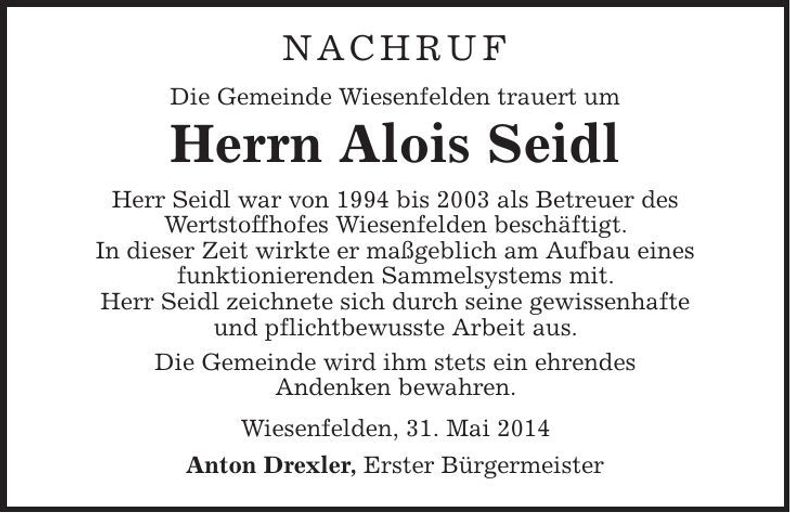 Traueranzeige Alois Seidl
