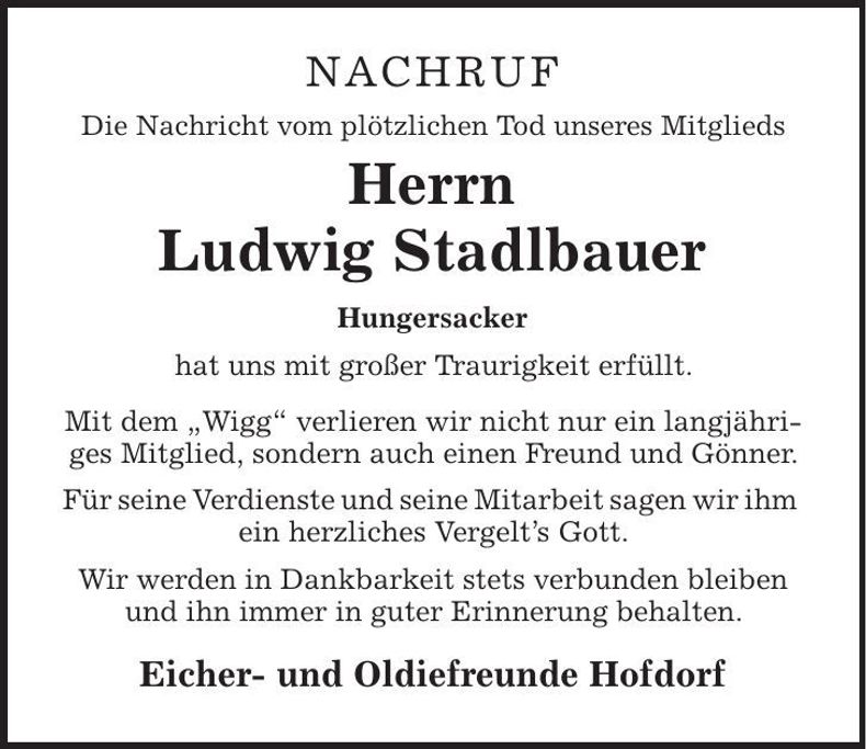 Traueranzeige Ludwig Stadlbauer