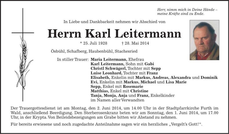 Traueranzeige Karl Leitermann