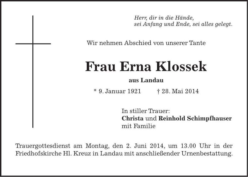 Traueranzeige Erna Klossek