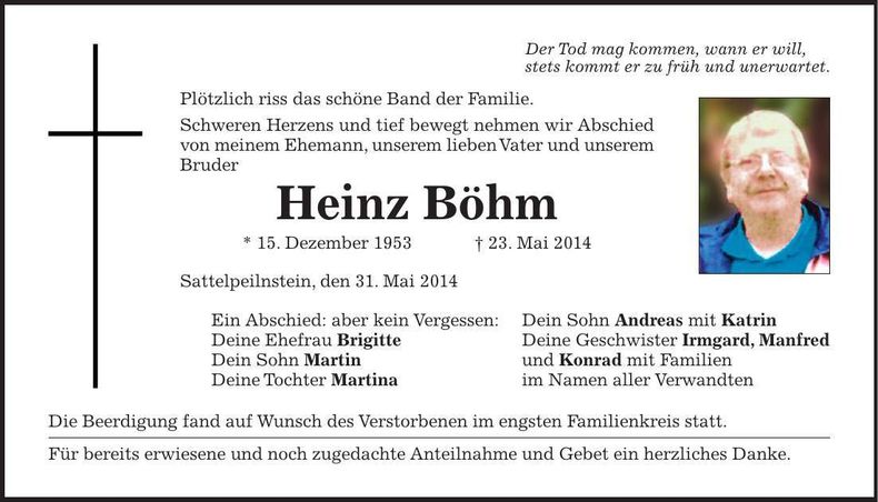 Traueranzeige Heinz Böhm