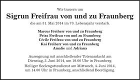 Traueranzeige Sigrun Freifrau von und zu Fraunberg