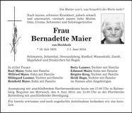 Traueranzeige Bernadette Maier