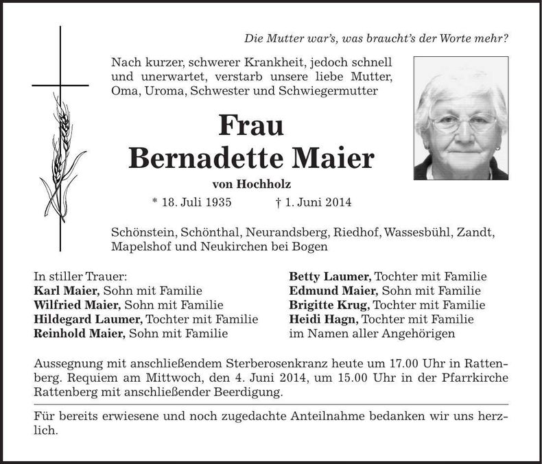 Traueranzeige Bernadette Maier
