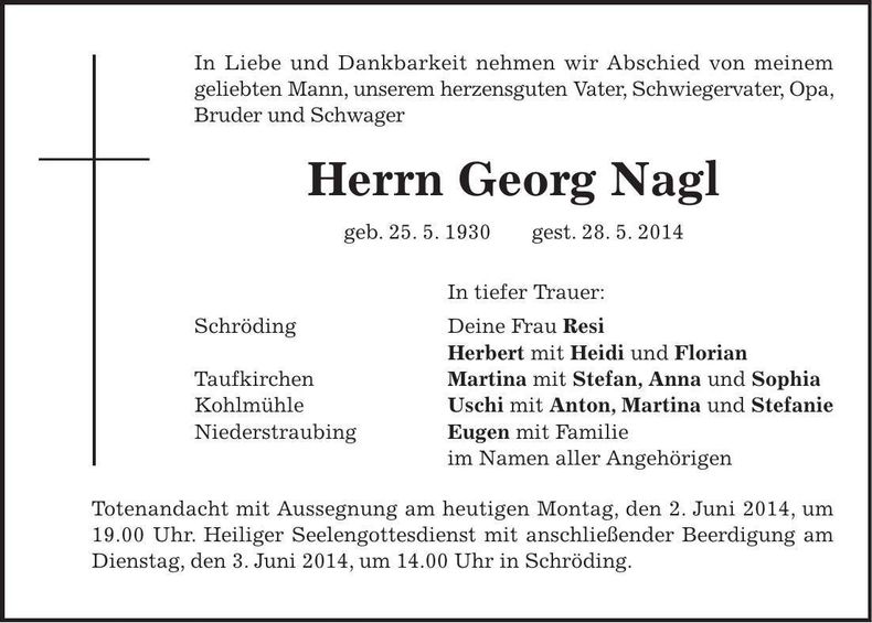Traueranzeige Georg Nagl