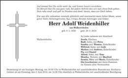 Traueranzeige Adolf Weidenhiller
