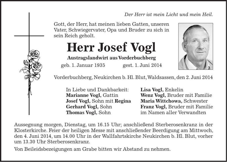 Traueranzeige Josef Vogl