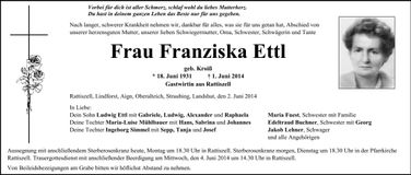 Traueranzeige Franziska Ettl