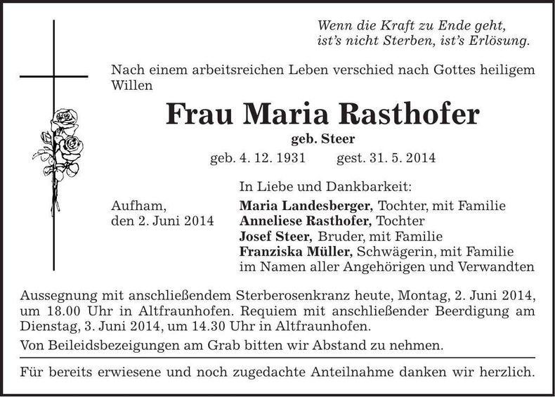 Traueranzeige Maria Rasthofer
