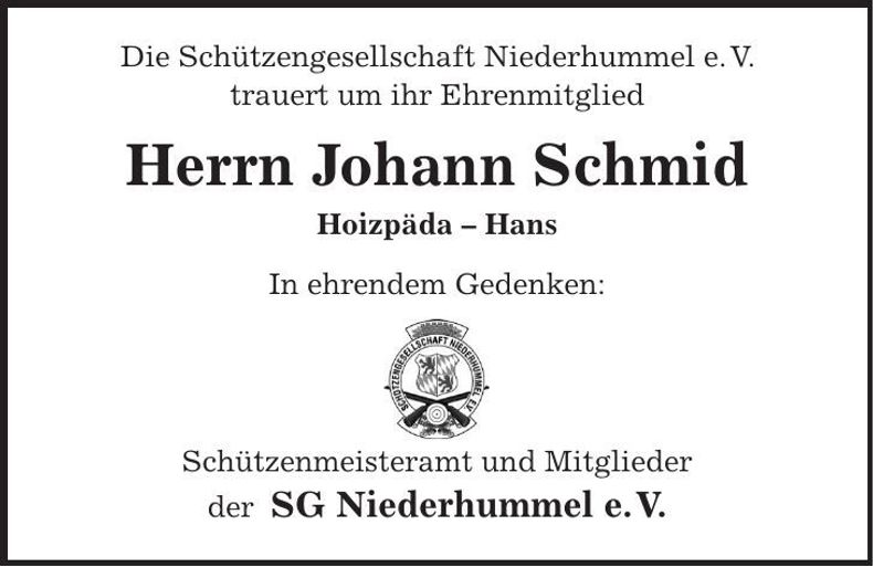 Traueranzeige Johann Schmid