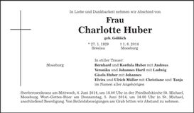 Traueranzeige Charlotte Huber