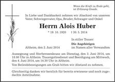 Traueranzeige Alois Huber