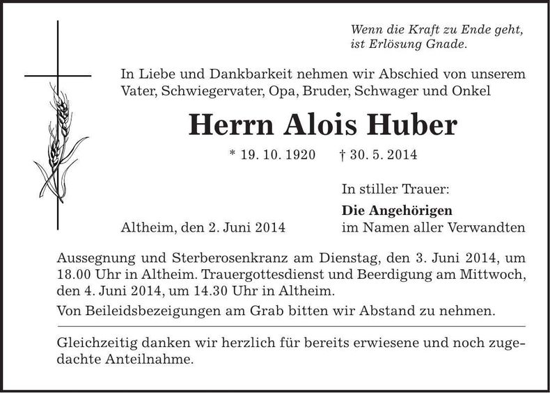 Traueranzeige Alois Huber