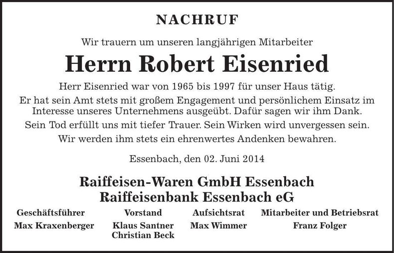 Traueranzeige Robert Eisenried