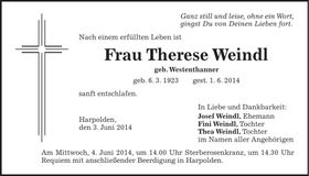 Traueranzeige Therese Weindl