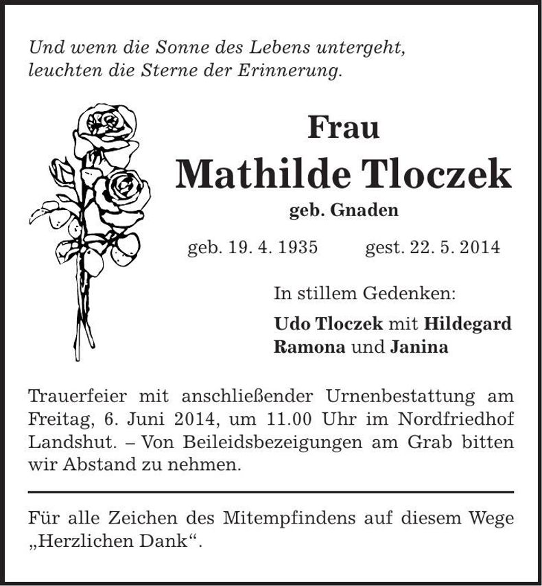 Traueranzeige Mathilde Tloczek
