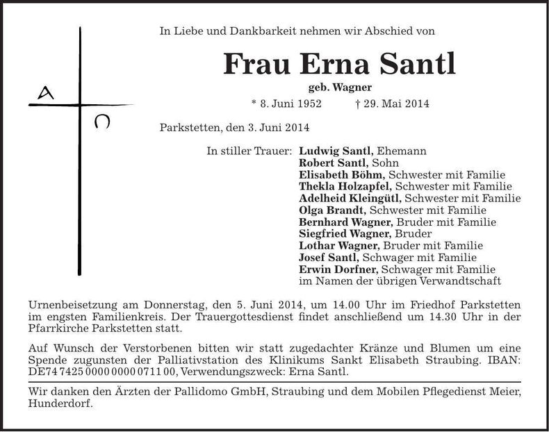 Traueranzeige Erna Santl