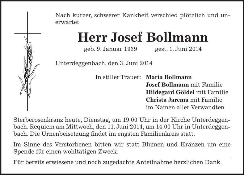 Traueranzeige Josef Bollmann