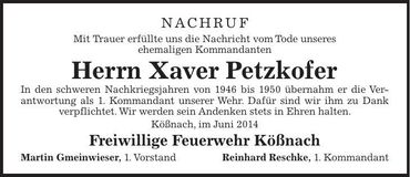 Traueranzeige Xaver Petzkofer