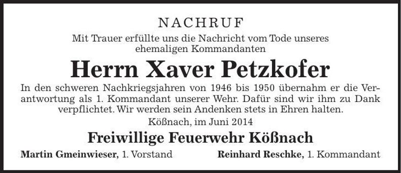 Traueranzeige Xaver Petzkofer