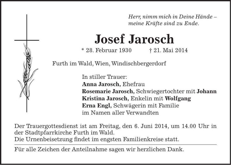 Traueranzeige Josef Jarosch