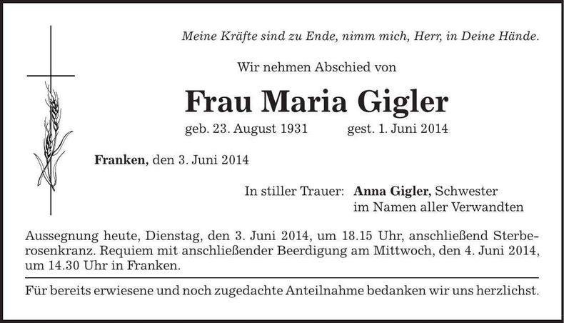 Traueranzeige Maria Gigler