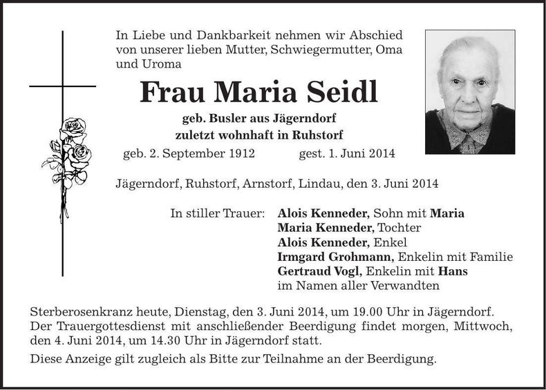 Traueranzeige Maria Seidl