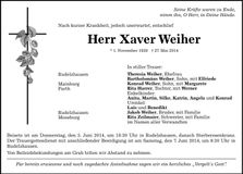 Traueranzeige Xaver Weiher