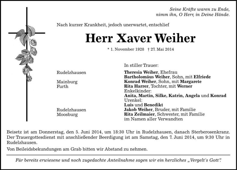 Traueranzeige Xaver Weiher