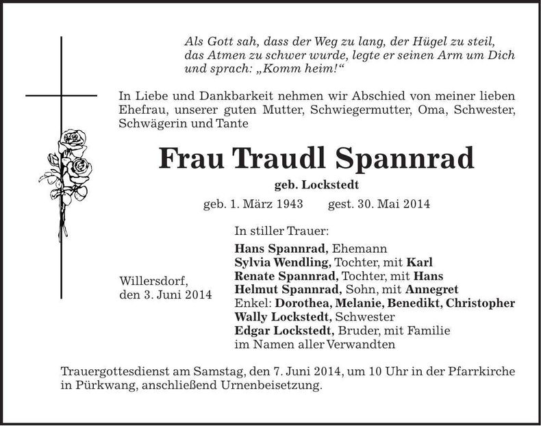 Traueranzeige Traudl Spannrad