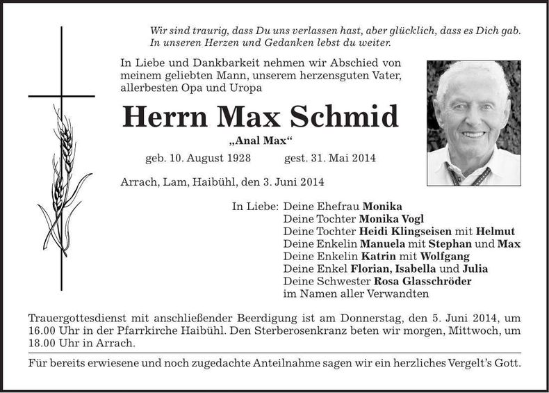 Traueranzeige Max Schmid