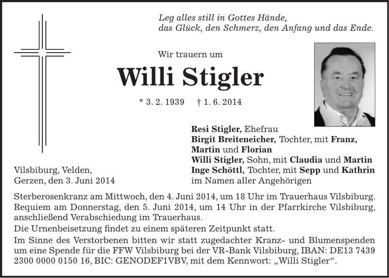 Traueranzeige Willi Stigler