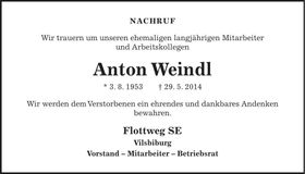 Traueranzeige Anton Weindl