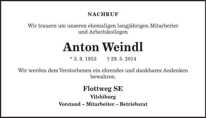 Traueranzeige Anton Weindl