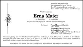 Traueranzeige Erna Maier