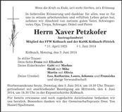 Traueranzeige Xaver Petzkofer