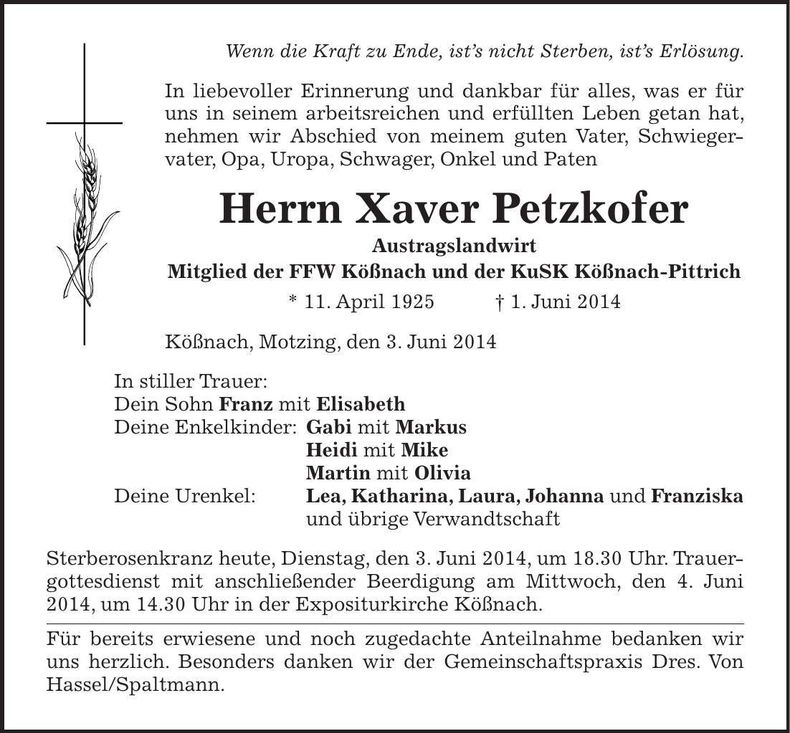 Traueranzeige Xaver Petzkofer
