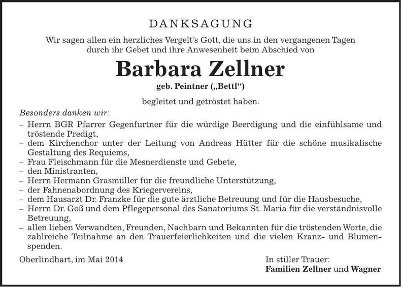 Traueranzeige Barbara Zellner