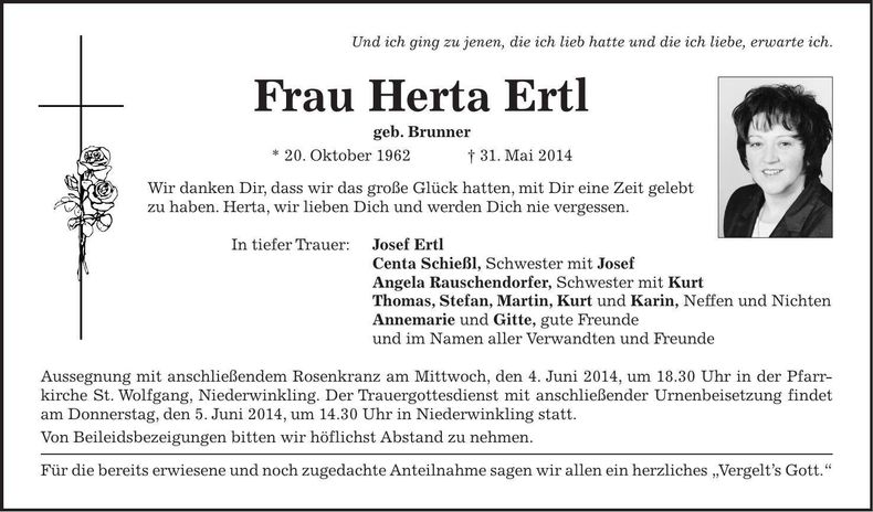 Traueranzeige Herta Ertl