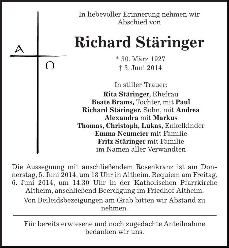 Traueranzeige Richard Stäringer